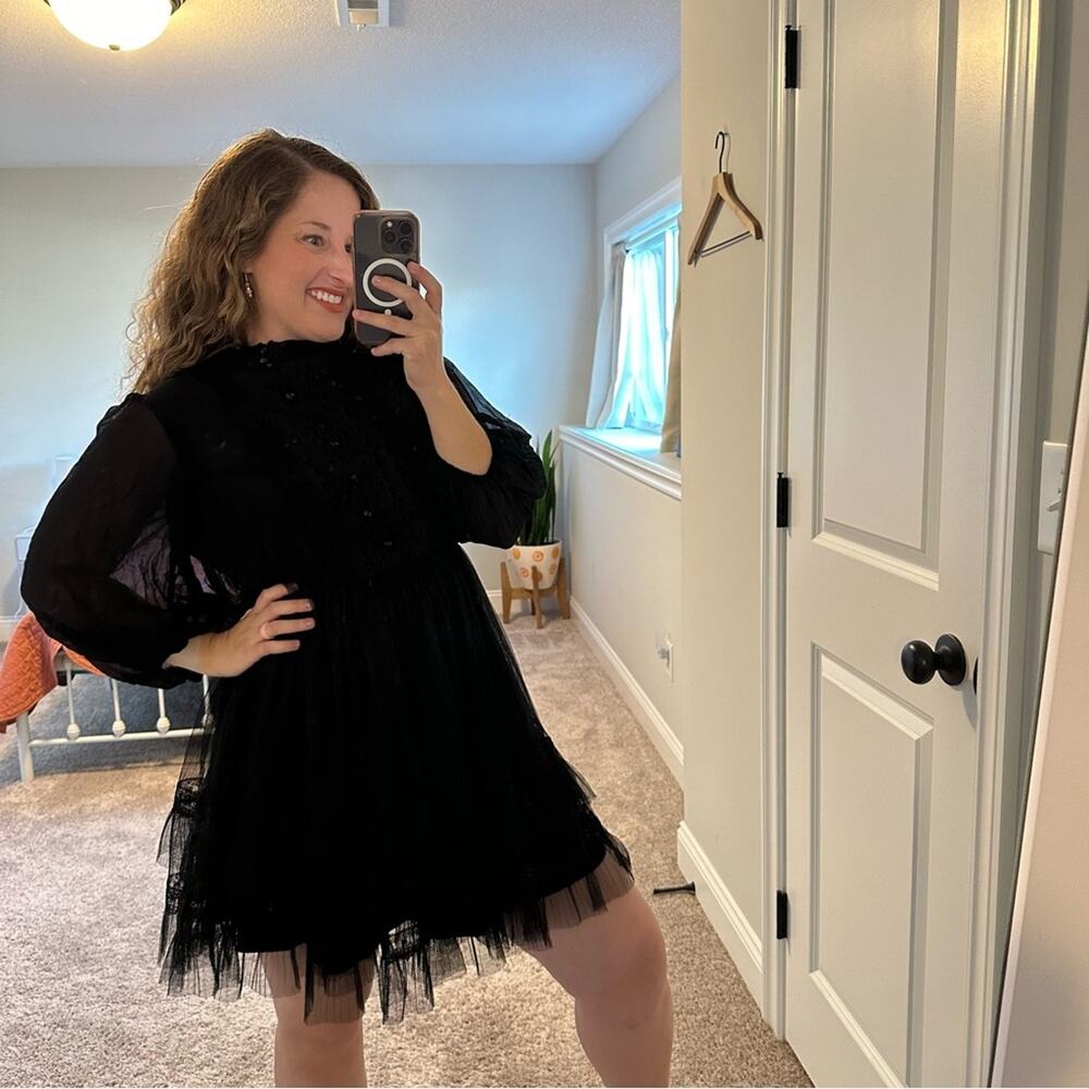 Alice + Olivia Black Silk Button Front Tulle Long Sleeve Mini Dress Small - Picture 2 of 12
